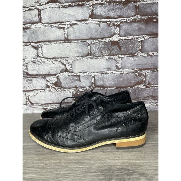 Mona Flying Black Leather Lace Up Brogue Wingtip Derby Shoes Women 39EU/8.5M US - Picture 1 of 16